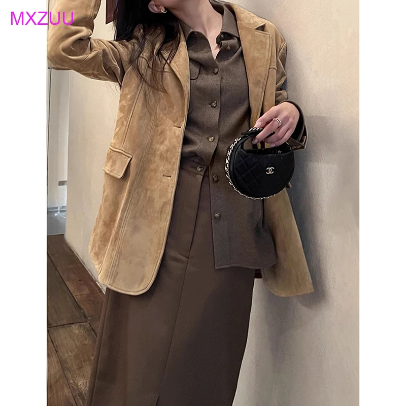 

Real Suede Jacket Spring Women Old Money Style Retro Casual Long Sleeve Back Split Slim Sheepskin Suit Jacket Blazer Veste Femme