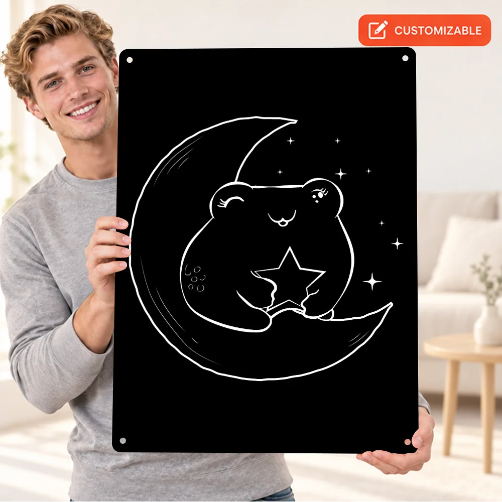 Cute Bear On Moon Line Aluminum Poster Astronomy Graphic Contemporary Living Room Wall Art Customized Metal Sign Birthday Gift