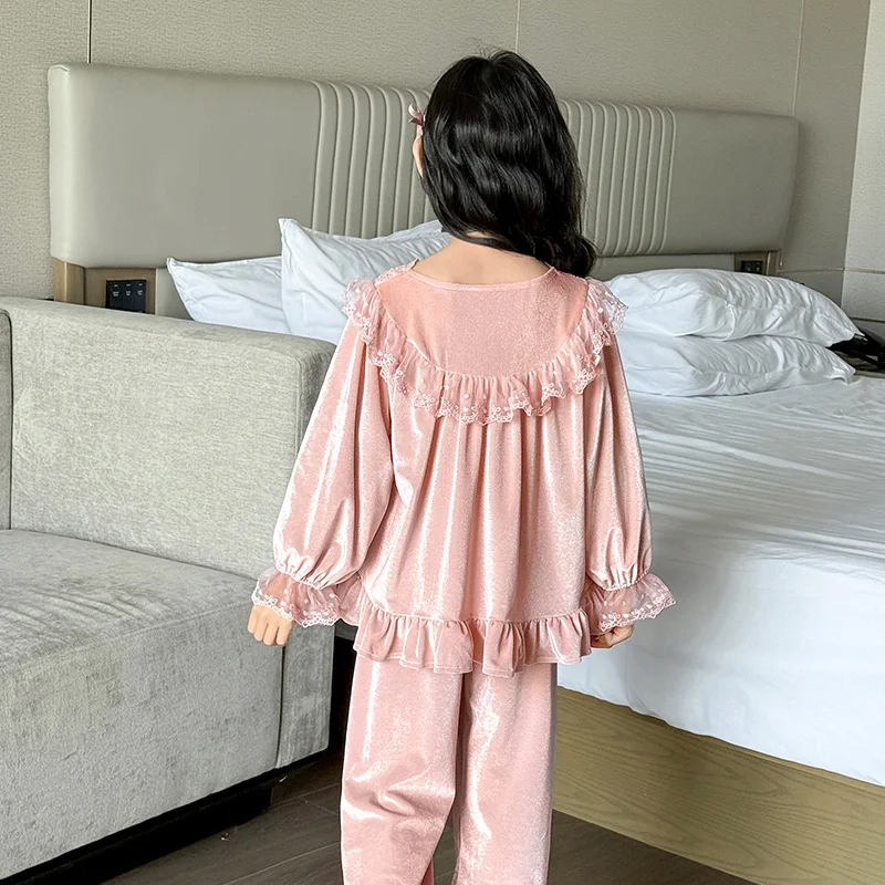 Baby Girls PJ Top+Bottom Sleepwear Set Kids Velvet Pajamas Suit Child Long Sleeves+Long Pants Set Princess Nightgowns Size 3-14Y