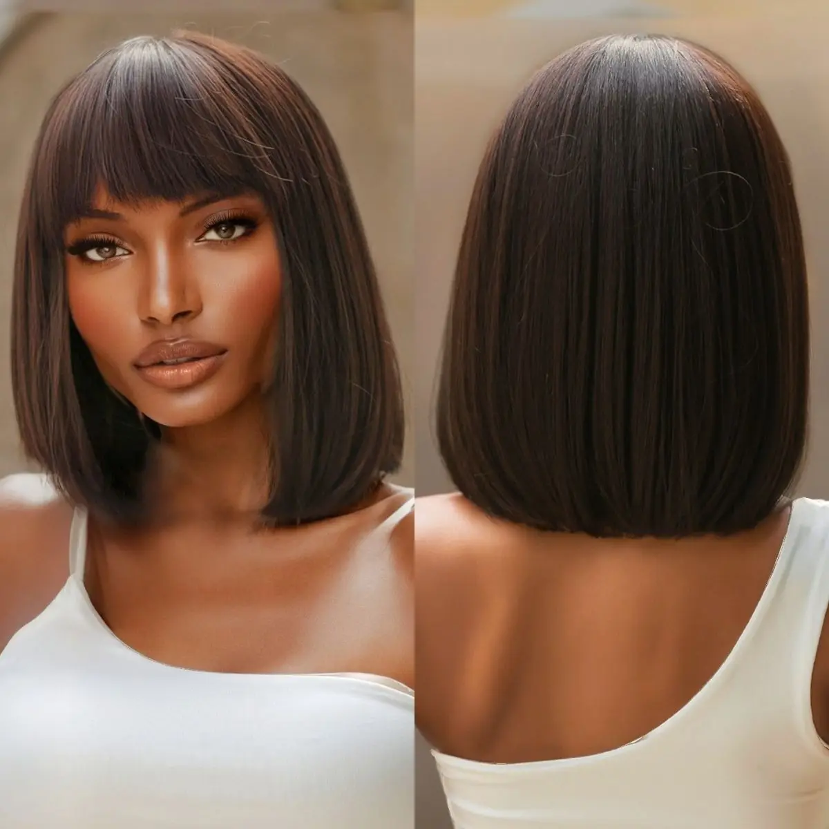 

Anxin Black Brown Short Straight Bob Synthetic Daily Wigs with Full Bangs for Women Party