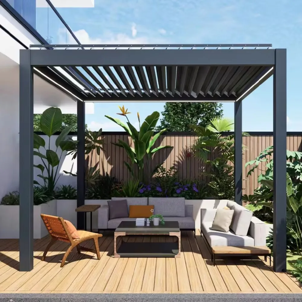 Custom Size Waterproof Electric Aluminium Gazebo, Outdoor Garden Pergola Equipped with Wind and Rain Sensor