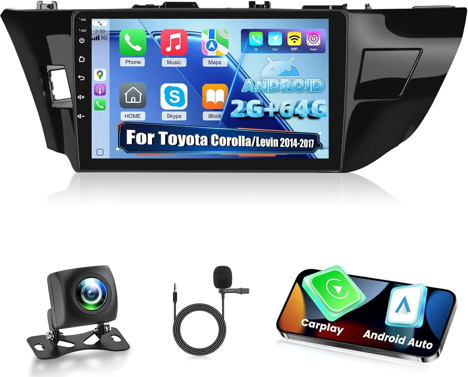 2 + 64gb para toyota corolla levin 2014-2017 rádio do carro 10.1 'tela sensível ao toque android auto estéreo do carro com carplay sem fio, dsp, wifi,
