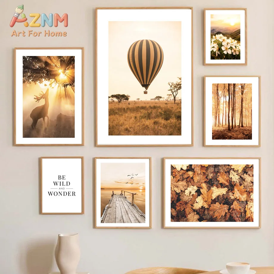 AZNM Warm Golden Tone Canvas Wall Art Castle Deer Hot Air Balloon Sunset Pier Nature Landscape Print for Living Room Bedroom Hom