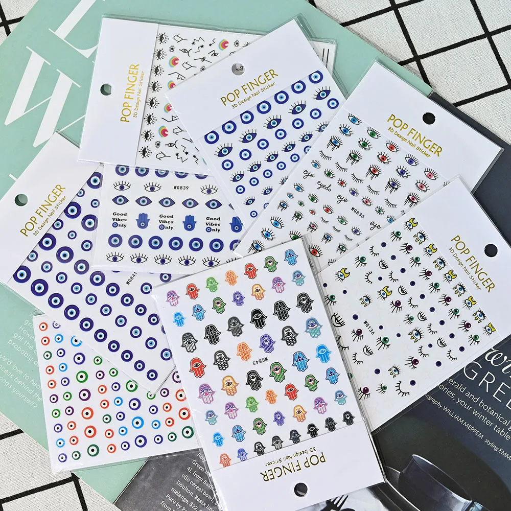 1 Sheet 3D Blue Evil Eye Design Nail Art Decals DIY Self-Adhesive Charms Abstract Line Sliders Decoration Colorful Nail Stickers