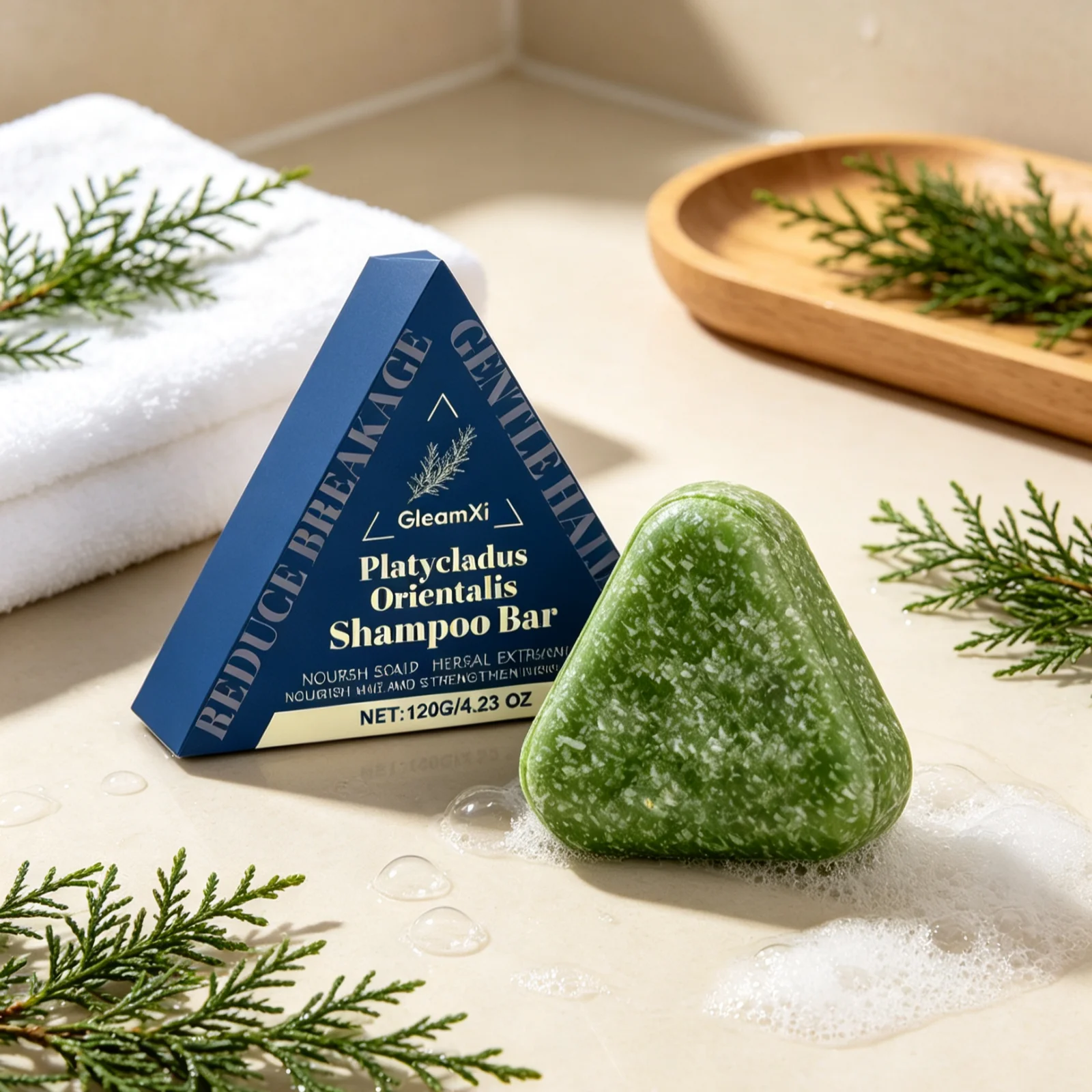 Gleamxi Platycladus Orientalis Shampoo Bar Fluffy Root Hair Oil Control Anti‑frizz Smoothing Gentle Cleaning Natural Shampoo Bar