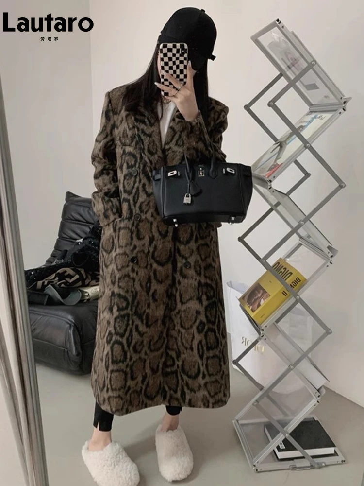 Lautaro Winter Long Warm Fluffy Colorful Leopard Print Wool & blends Coat for Women Back Slit Luxury clothes Woolen Overcoat