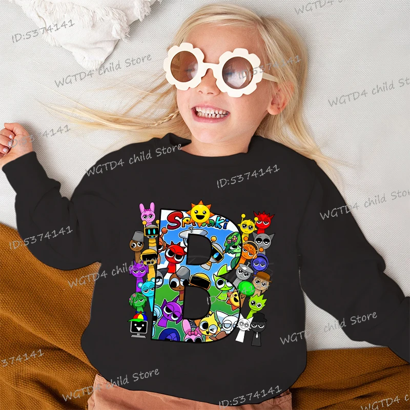سويت شيرت أسود Sprunki Kawaii الأبجدية ملابس أطفال موضة بنين بنات كم طويل بدون غطاء للرأس بلوفر كارتوني لعبة الرعب