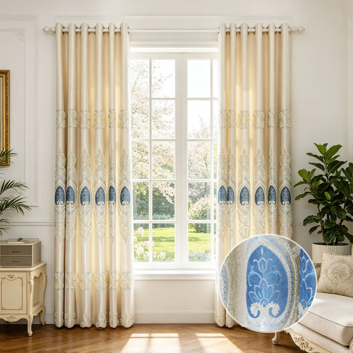 2 Panels Luxury 3D Floral Embroidered Blackout Curtains, Heat Insulation Grommet Window Drapes for Bedroom Living Room Villa