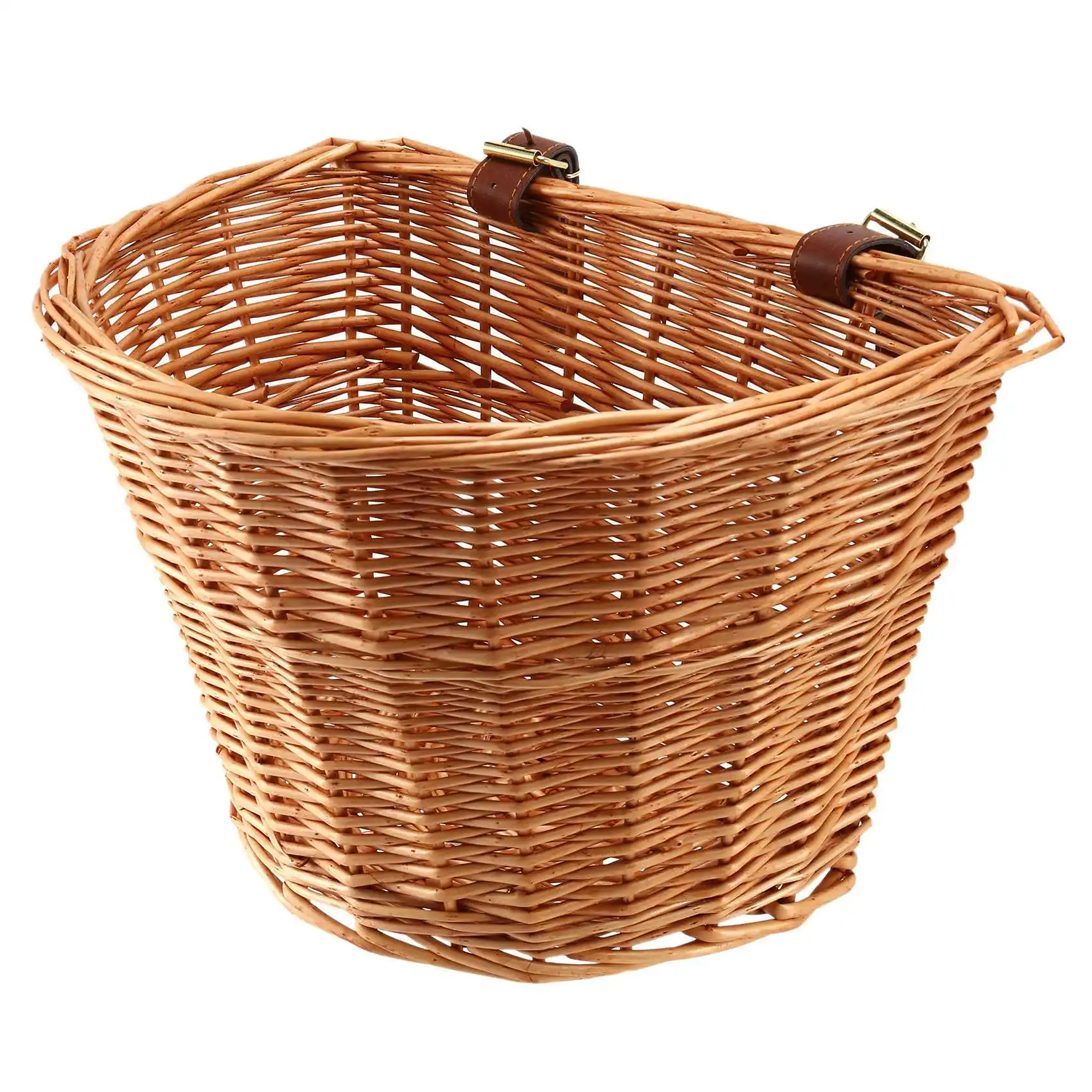 Retro Handmade Wicker Bicycle Front Basket with Leather Straps