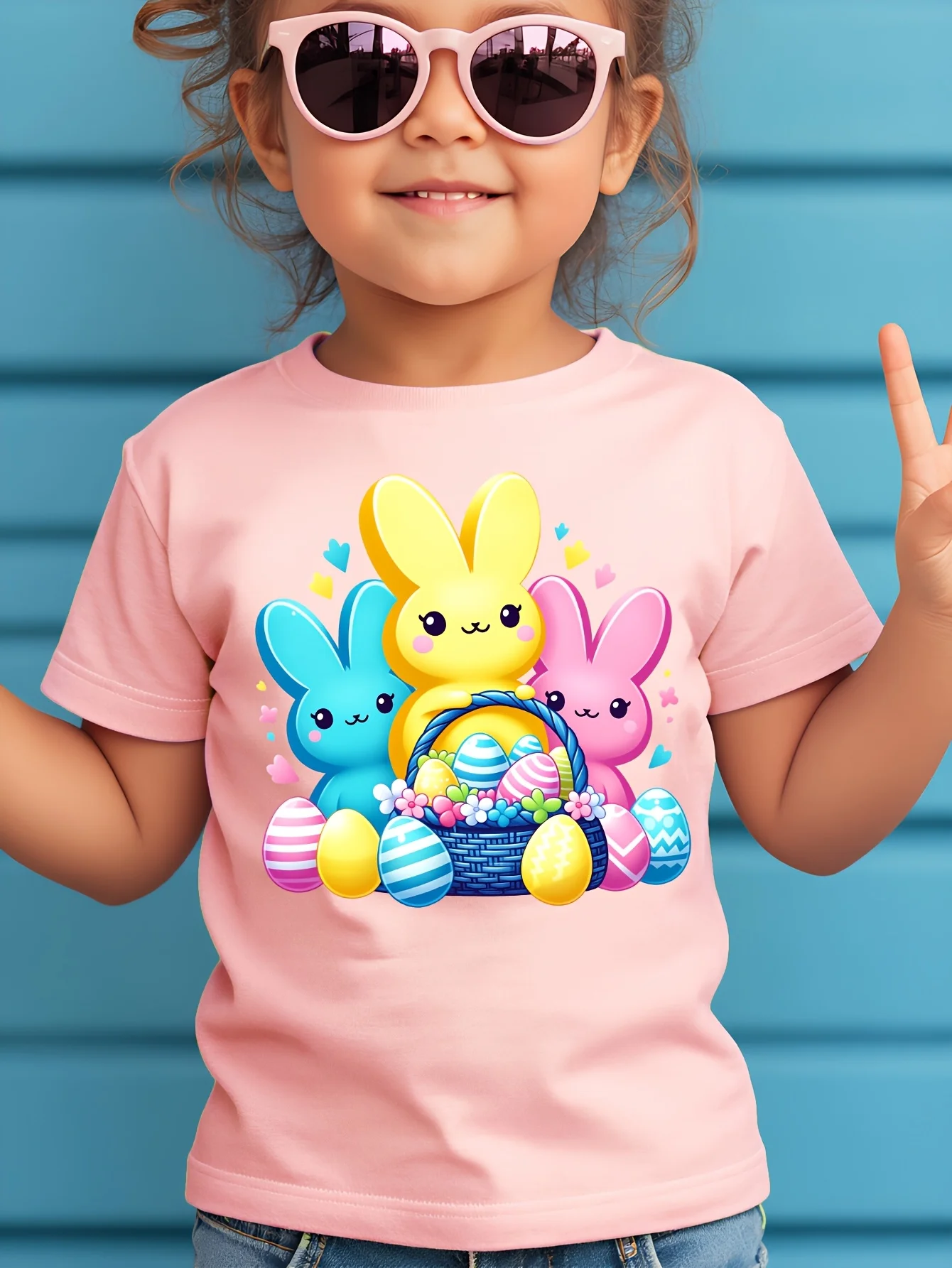 Easter Egg Basket, Rabbit Print, Cute and Playful Casual T-shirt, Parent-child T-shirt, Daily Wear for Going Out