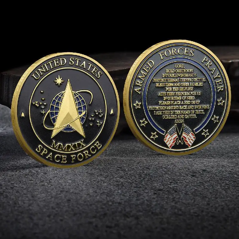 Moneda Conmemorativa de la Fuerza Espacial de los Estados Unidos y Moneda de la Valía de los Héroes con Oración por el Coraje, Recuerdos, Monedas Decorativas Chapadas en Oro