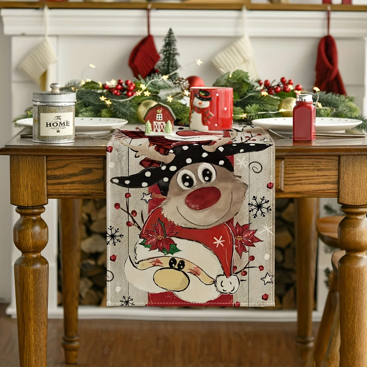 Reindeer Santa Claus Snowflake Christmas Table Runner Seasonal Winter Decor for Kitchen Dining Table Home Christmas Party Decora
