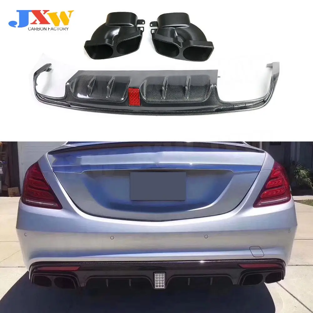 

Carbon Fiber For Benz S Class W222 S63 S65 AMG 2013-2017 Rear Bumper Lip Diffuser Spoiler With Exhaust Muffer Tips Car Styling