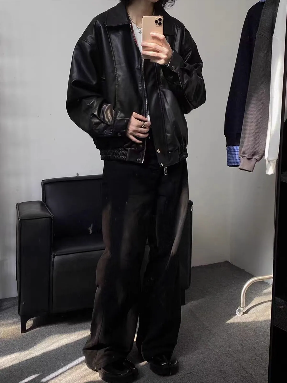 

Retro American Plaid Long Sve Men's irt Couple Splicing Jaet Early Autumn Trendy Brand Loose Fit Two-Sided Wear