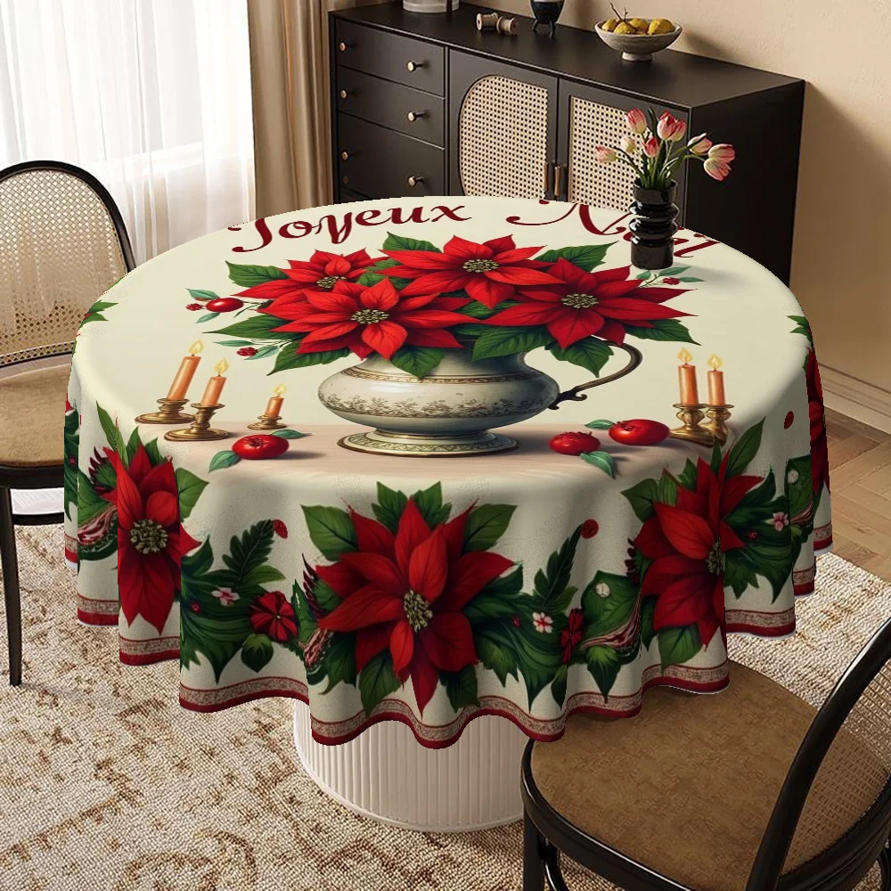 1 tablecloth, Christmas, Christmas flower theme round tablecloth, home decoration, table decoration