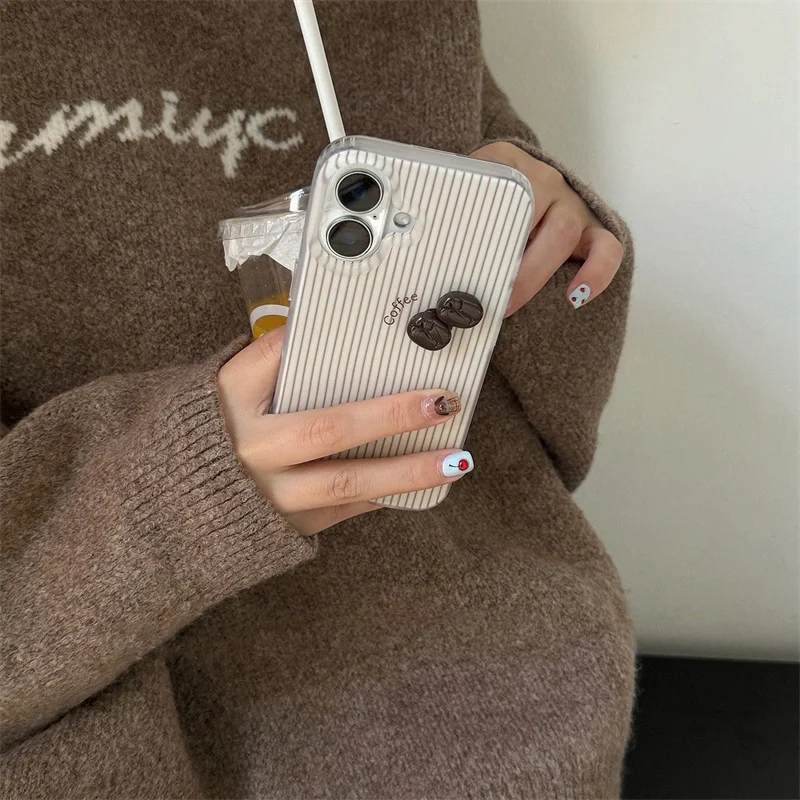Kristallklare, transparente, weiß lackierte, gestreifte Handyhülle mit 3D-Kaffeebohnen für iPhone 11 12 13 14 15 16 17 18 Pro Max – Detail 4