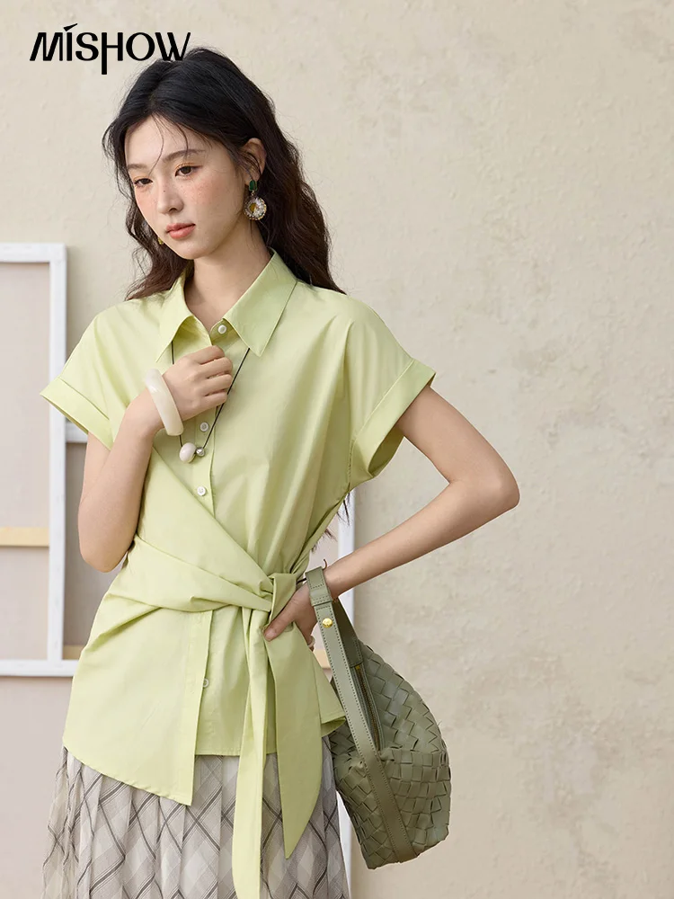 

MISHOW Women's Summer Shirt 2025 New Asymmetric Lace Up Loose Turn-down Collar Top Silk Cotton Shirt Women's Clothes MXE35C0801