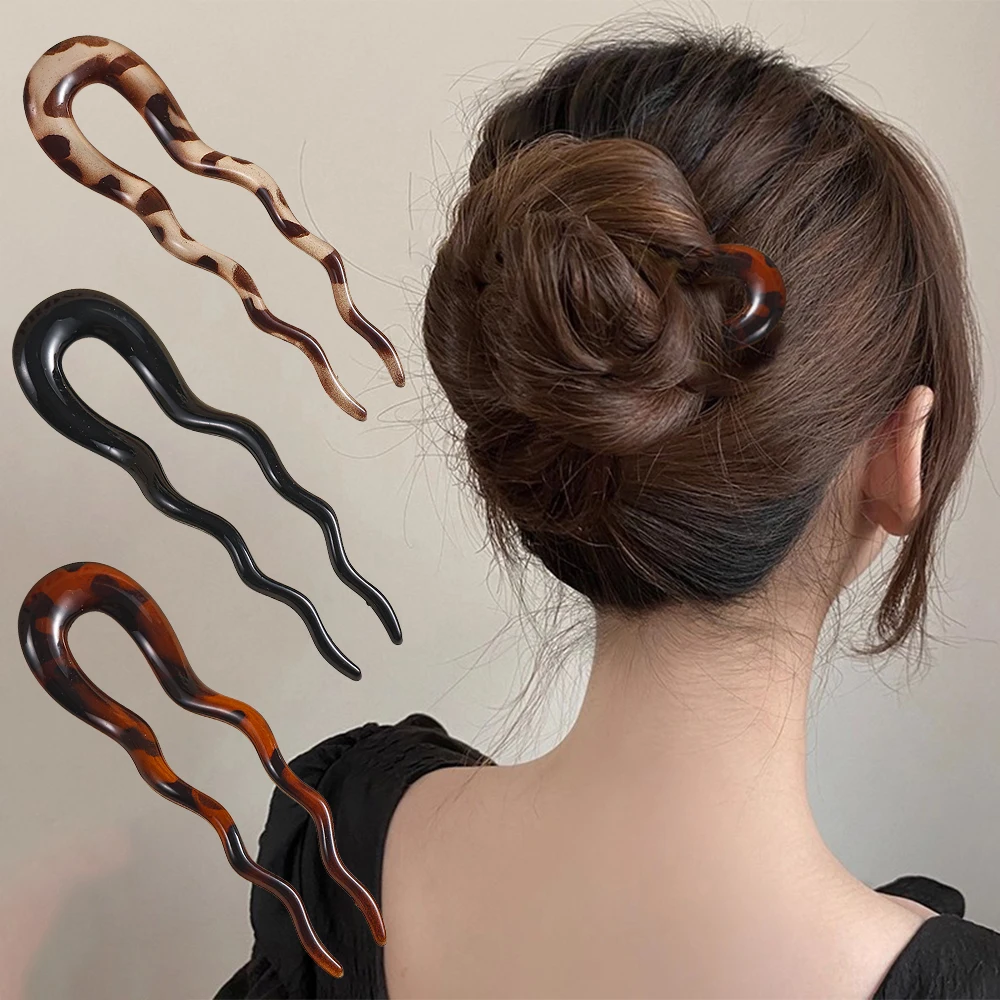 Nuevo palo de pelo de leopardo, Clip para el pelo de acetato ondulado en forma de U, horquillas para el pelo, horquilla para moño, tocado Vintage de tortuga para mujer, accesorios para el cabello