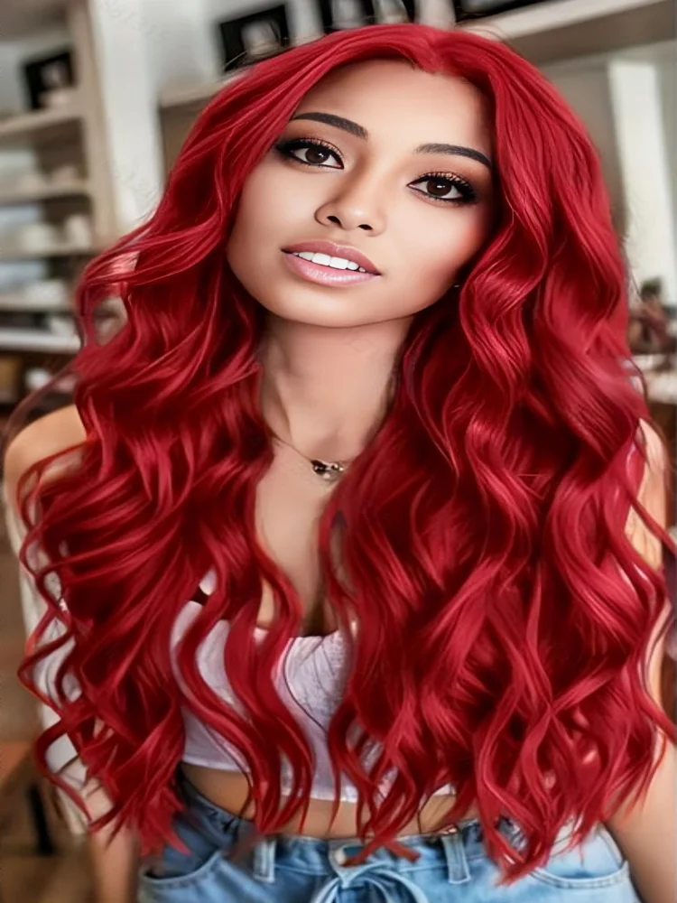 

Универсальный красный волнистый парик для женщин, длина 26 дюймов, термостойкие, синтетические волосы, волнистые, вьющиеся, дышащие, легкие, косплей, наполовину