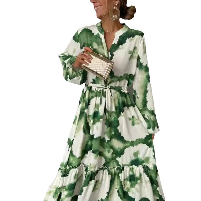 2024 Summer Elegant Women Maxi Dresses Fashion Green Print Long Sleeve V Neck Waist Adjustment Long Dress Female Party Vestido