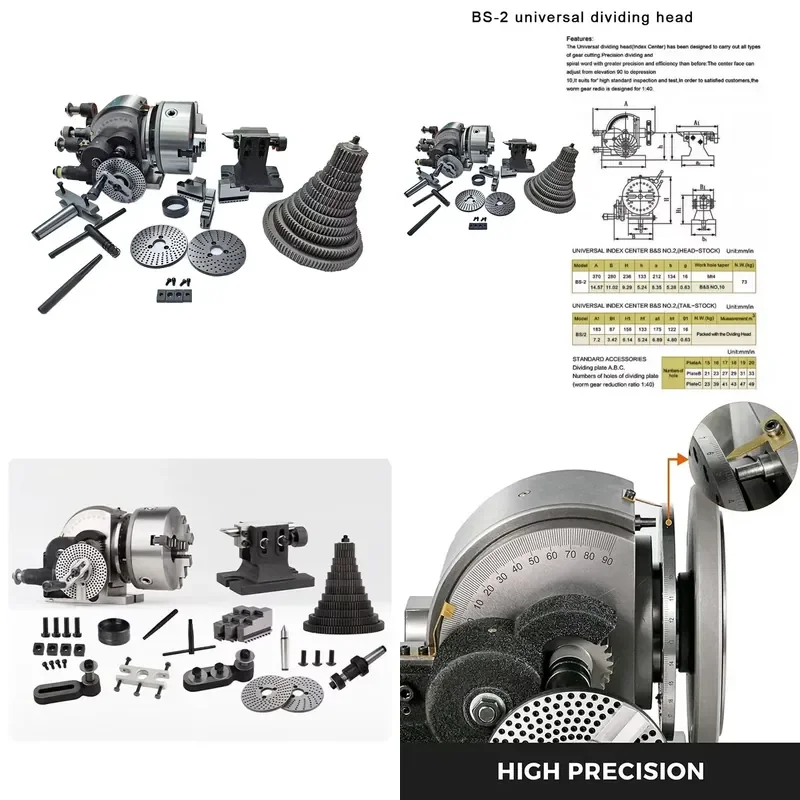 BS-2 Universal Indexing Head with 80 200mm 3-jaw Chuck Indexing Plate for Milling Machine Tailstock