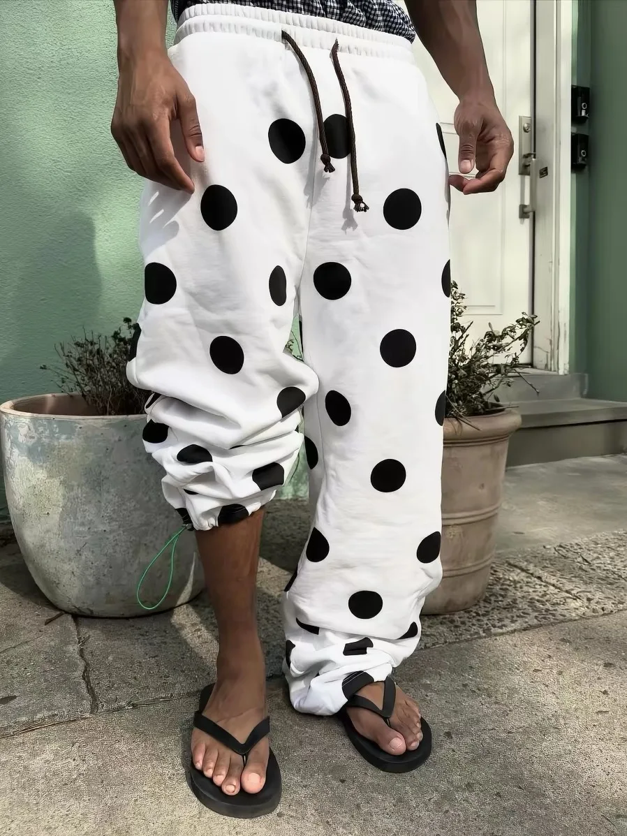 

American Street Style White Polka Dot Wide Leg Drawstring Sweatpants Loose Casual Pants for Men And Women All Seasons