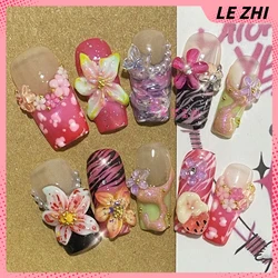 10Pcs Handmade 3D Lily Press On Nails Art Gradient Pink Romance Flower Zebra-Stripe Square Fake Nails Party Sticker Girl Gift