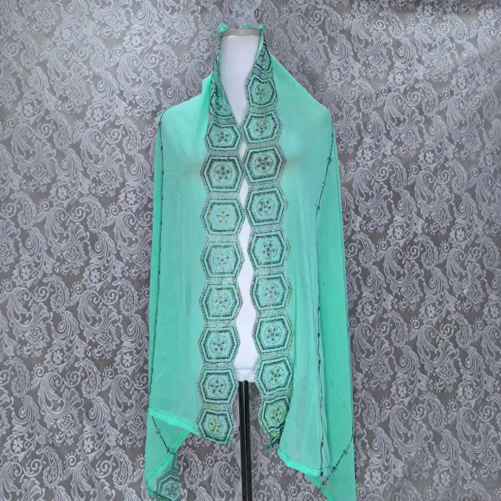 Market Bestseller Chiffon Hijab, Geometric Sequin‑Embroidered Border Shawl, Sparkly Occasion Headscarf Hot In West Africa Wholes