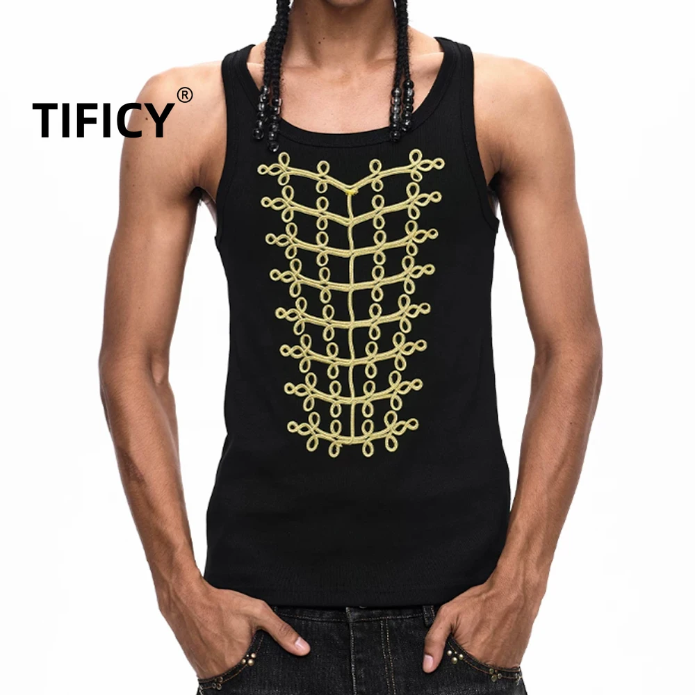 

High Street Tees Tank Top Mens Summer Retro Court Style Buckle Embroidery Slim Fit Groove Strip Shoulder Tanks