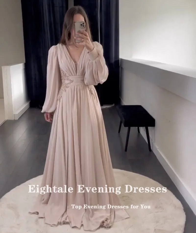 Eightale Evening Party Dress Women Elegant Luxury V-Neck Appliques Beaded Chiffon Long Sleeves Prom Gown Vestidos De Graduación