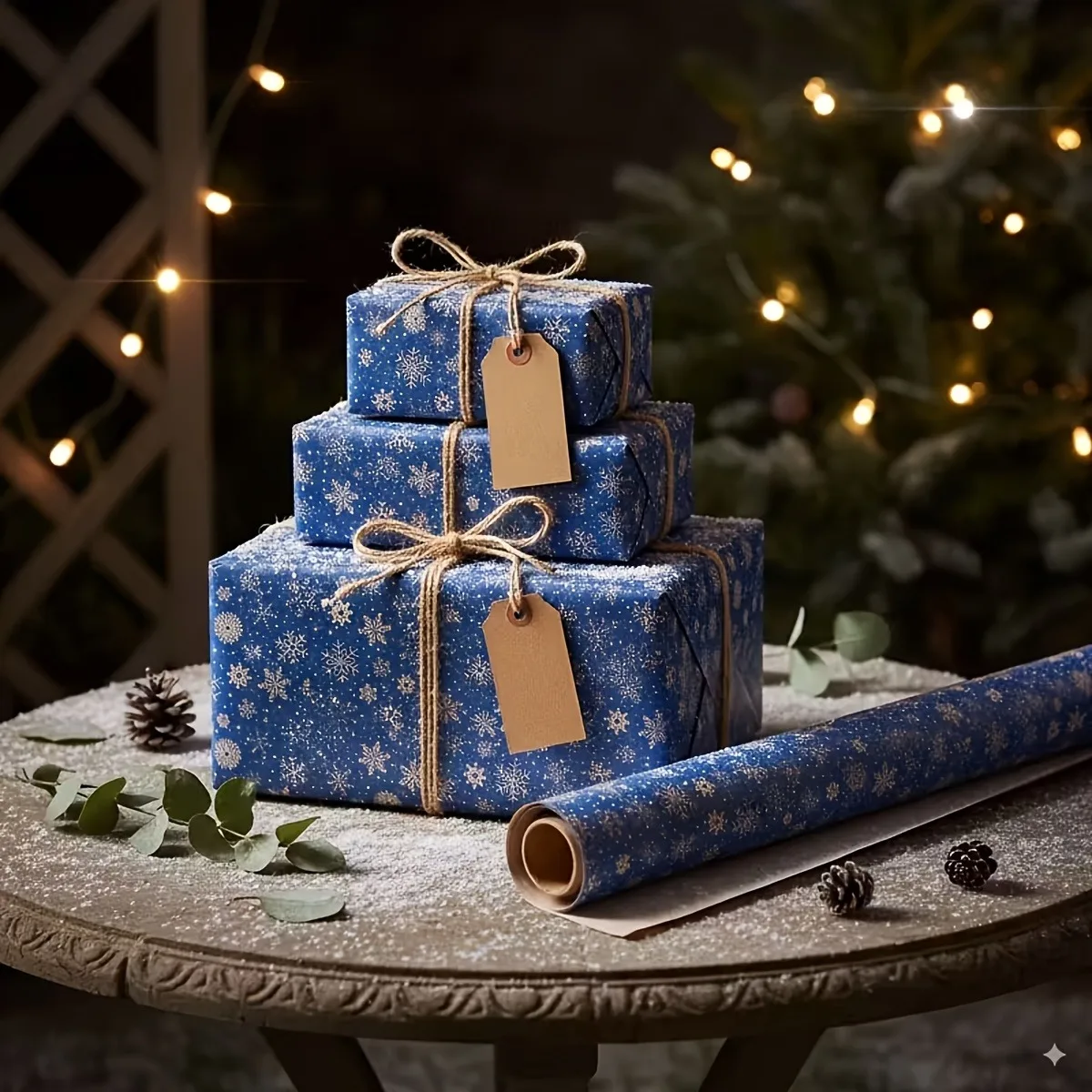 Double-Sided Snowflake Pattern Christmas Gift Wrapping Paper, 43x300cm, Navy Blue Khaki, Perfect for Christmas Gift Decoration