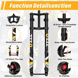 ZTZ 20/26 inch 5.0 Fat Tire Electric Mountain Bike Fork,Double Crown Inverted Air Suspension Fork for Snow Beach E-Bike MTB