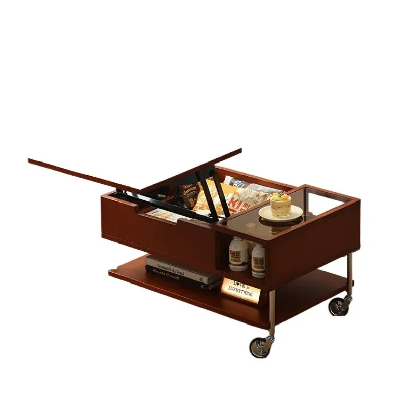 Nordic retro solid wood lifting coffee table movable side few trolley small apartment storage tea table
