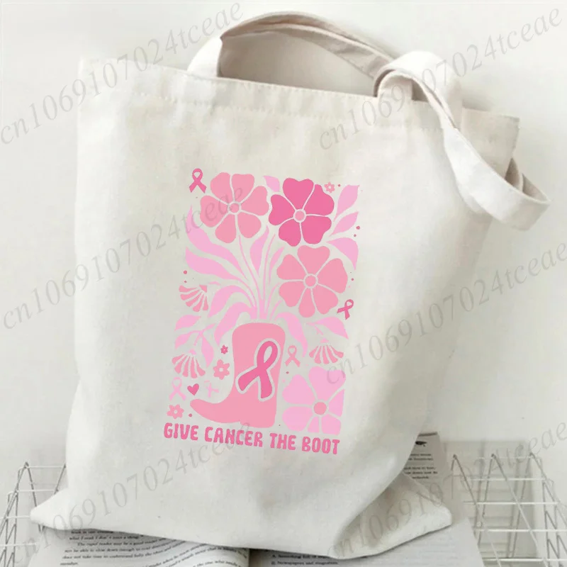 Boho Floral Breast Cancer Canvas Tote Bags Pink Abstract Flowers Coquette Bow Awareness Ribbon Handbag Reusable Shopping Bags