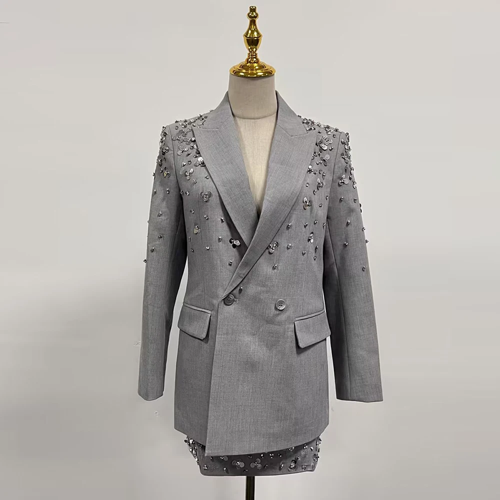 TWOTWINSTYLE Casual Spliced Sequin Two Piece Sets For Women Lapel Long Sleeve Top High Waist Skirt Chic Set Female New KSE520812
