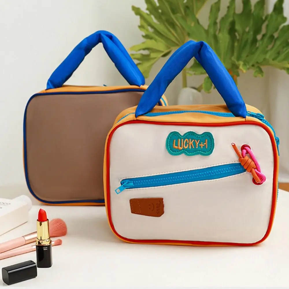 

Cotton Stuffed Handle Contrasting Colors Cosmetic Bag Korean Style Large Capacity Makeup Pouch Bag Carry-on Makeup Tote