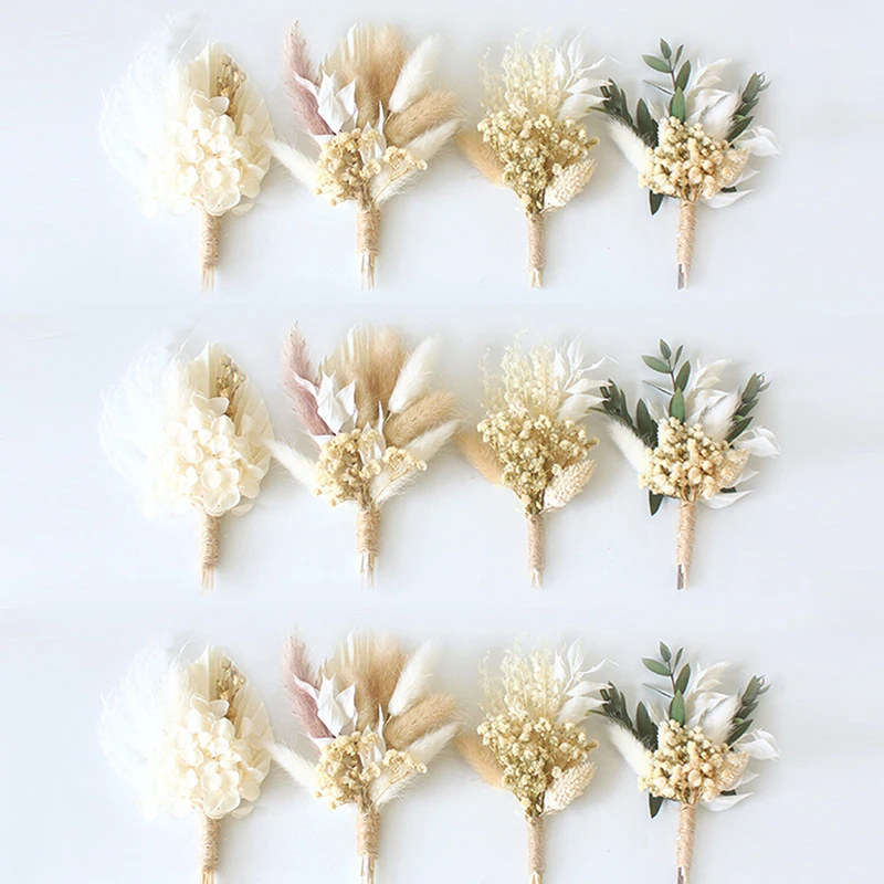 1Pc Mini Natural Dry Flowers Bouquet Boutonnieres Groomsmen Buttonholes Bridesmaid Flower Corsage Brooch Christmas Wedding Decor