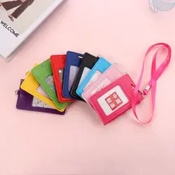 Faux Leather Business Card Case Cover Coin Purse Zipper Bag ID Badge Card Holder with Neck Lanyard