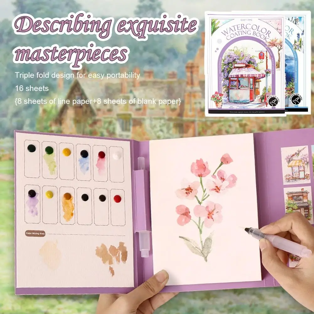 Stress Relief Paint by Number Notepad - DIY Mini Watercolor Kit with Pre-Filled Paints, Tri-Fold Portable Coloring Book