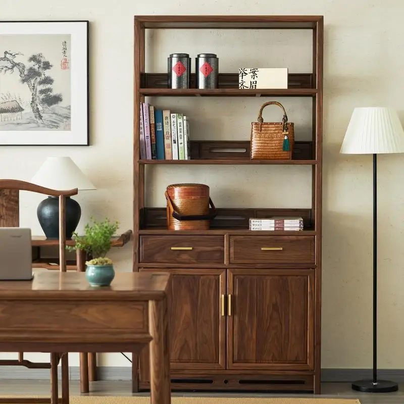 New Chinese black walnut bookcase, solid wood display cabinet, study locker