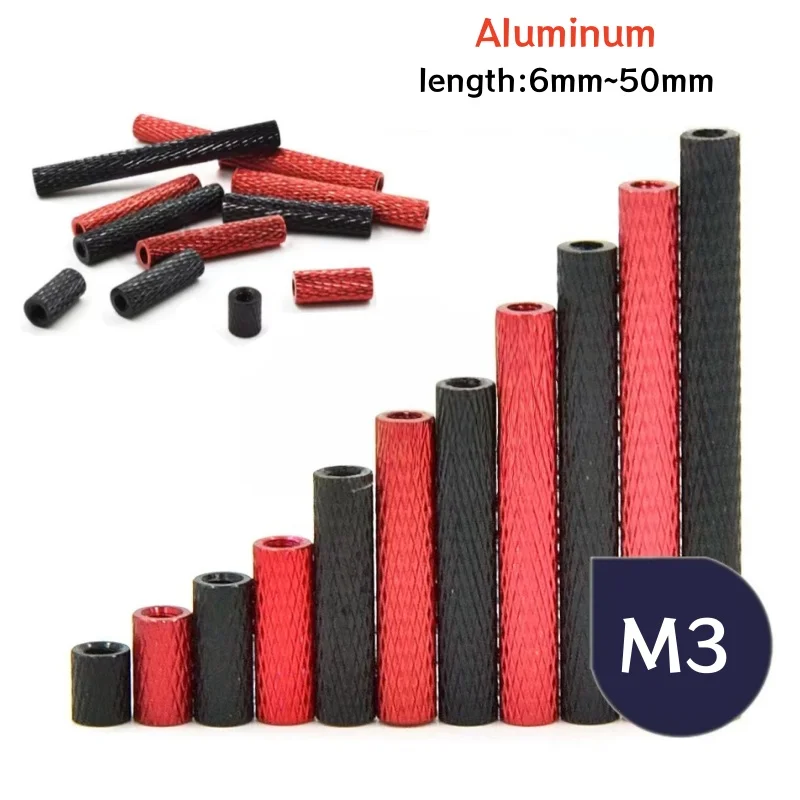 5/10pcs M3 Black/Red Aluminum Knurled Spacer Standoff Stud Round Connector Nuts M3x6/8/10/12/15/16/20/25/30/35/37/40/50