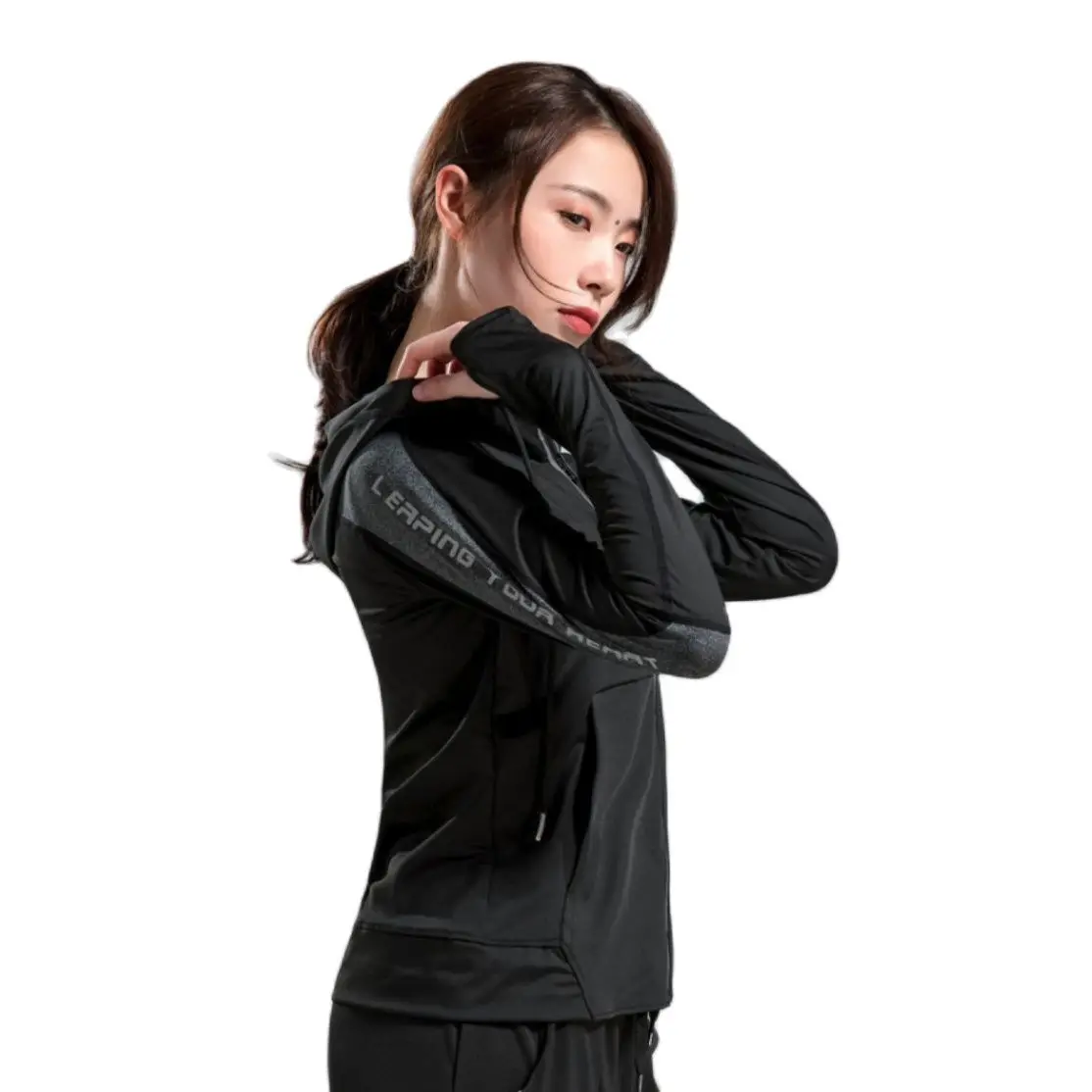 FE531 Hooded Women Running Jacket Thumb Hole Yoga Jacket Zipper Jacket Fitness Clothing Top Sport Gym Sportswear Sweatshirt