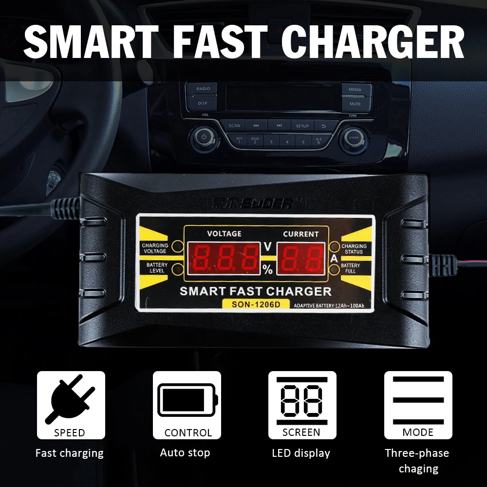 Full Automatic Car Battery Charger 6/10A 110V/220V To 12V Smart Fast Power Charging For Wet Dry Lead Acid Digital LED Display