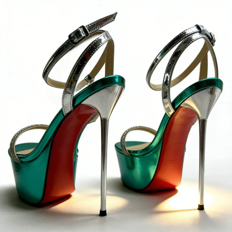 Summer round toe patent leather rhinestone with waterproof platform sandals banquet large size ultra-high-heeled women's sandals
