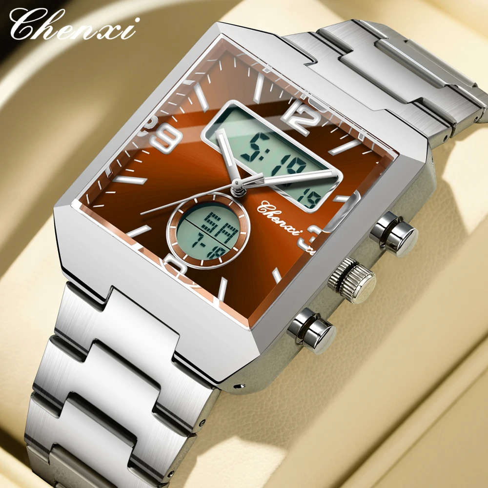 CHENXI Fashion Man Clock Waterproof Electronic LED Men's Watches Dual Time Display Digital Men Quartz Watch Stainless Steel