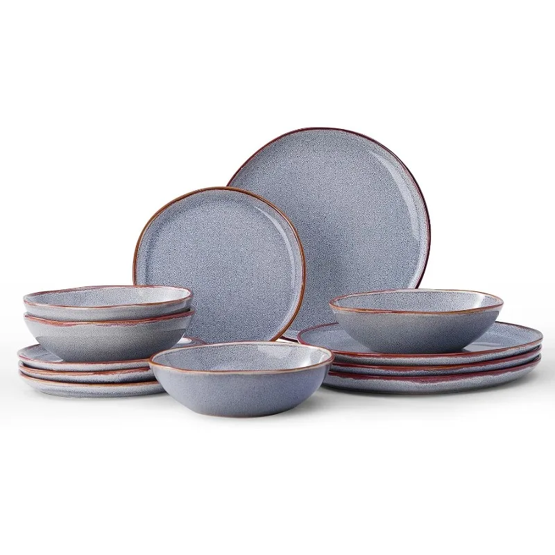 

12 Pieces Round Kitchen Dinnerware Sets，Plates and Bowls Sets,Dishes, Plates, Bowls, Dish Set, Chip Resistant Ceramic