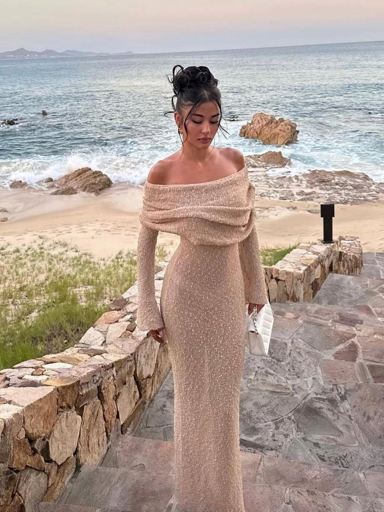 Beach Long Sleeve Knitted Hollow Out Summer Dress For Women Sexy Slash Neck Bodycon Maxi Dress Elegant Holiday Party Dress