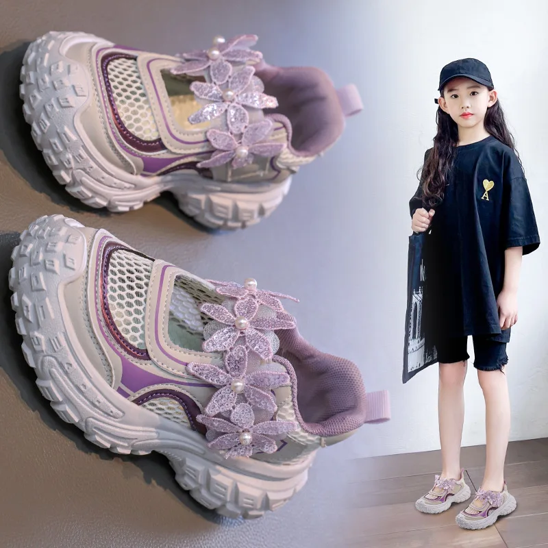 

Kids Casual Shoes 2025 Spring Summer Air Mesh Breathable Girls Sneakers with Pearls Children Sandal New Kids Shoes for Gir