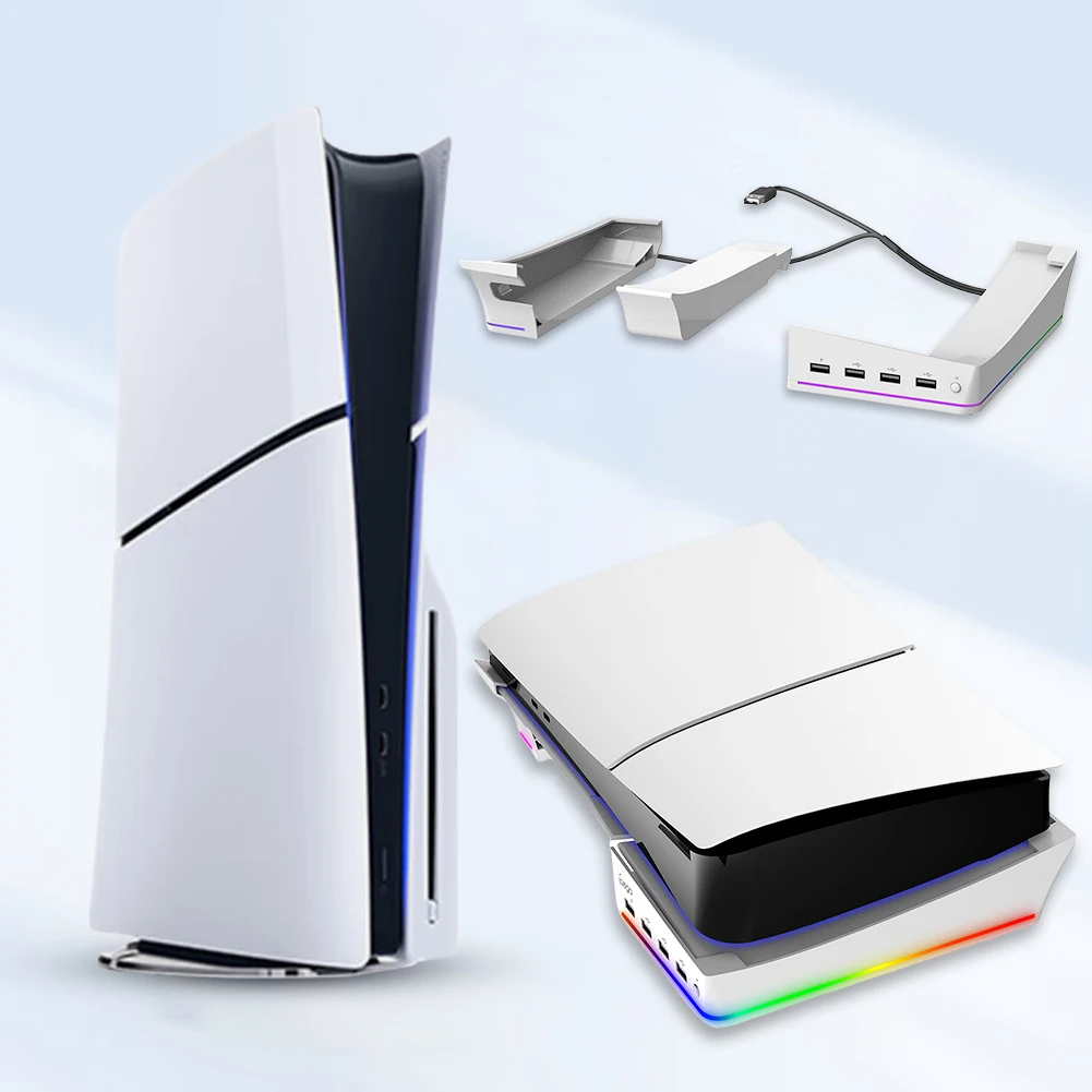 Horizontal Cooling Stand For PS5 Slim Base Holder with 4 USB Hub Base Stand Holder for PS5 Slim Digital Edition and Disc Edition