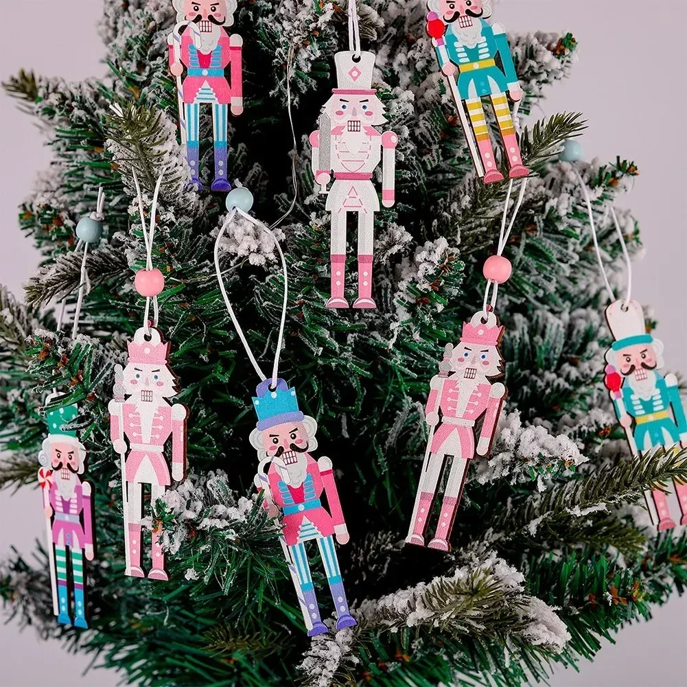 8Pcs Christmas Pendant Nutcracker Wooden Pink Christmas Kids Gifts Tree Pendant Ornaments Decoration Party Hanging Decor Toys